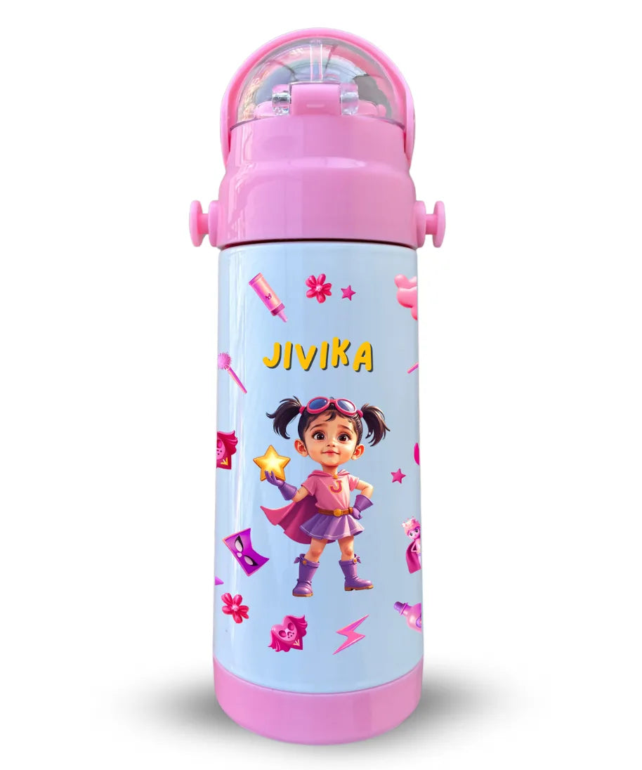 Personalised pink water bottle for kids with cartoon girl design and custom name Jivika printed on stainless steel insulated bottle