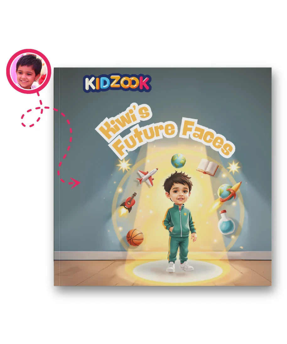 Child’s Future Faces personalised kids storybook cover – customised with child’s name and cartoon-style photo, inspiring different future careers.