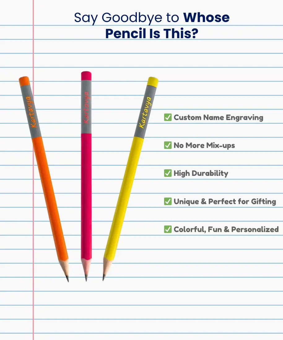 Name pencil for kids with custom engraved names on colourful pencils, showing no mix-ups, durable design and personalized gifting option on notebook background