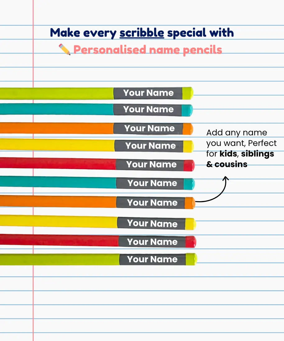 Personalised pencil with name printed as “Your Name” on colourful pencils, showing custom name option for kids, siblings and school use on notebook background