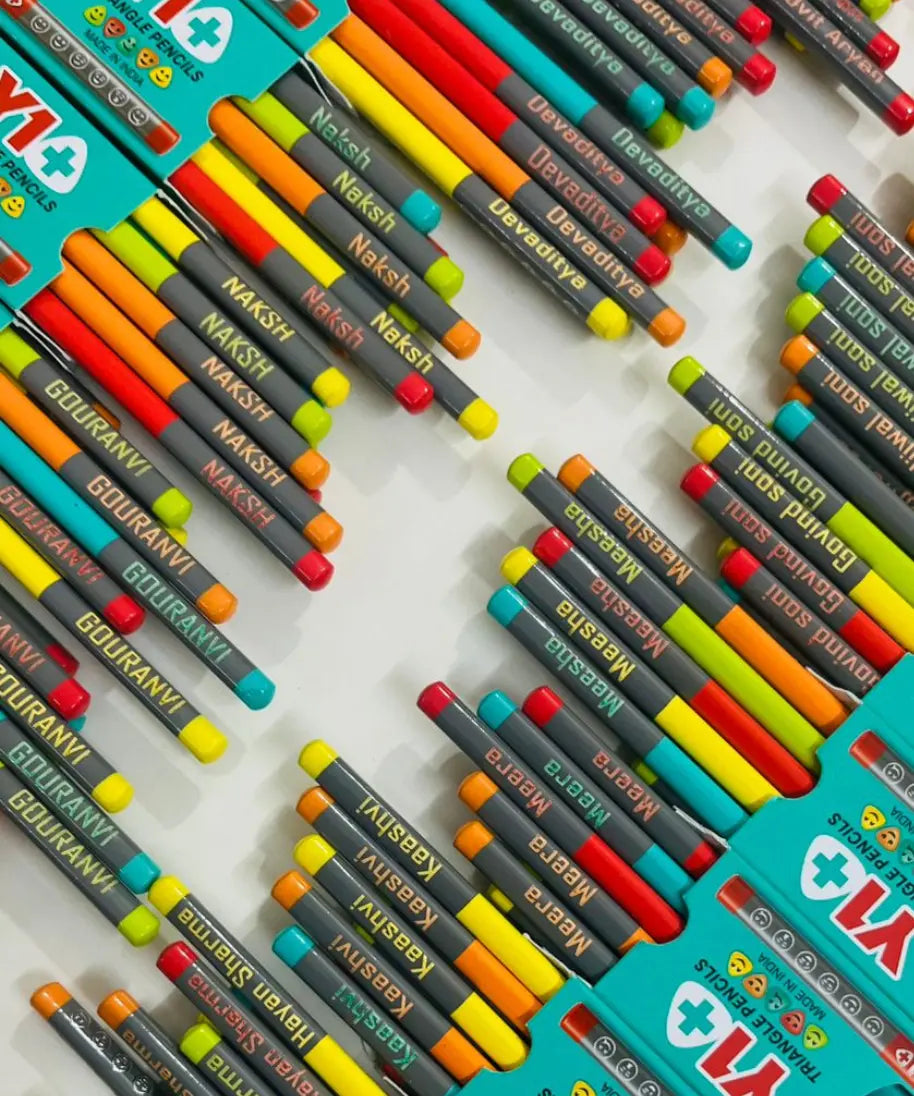 Personalised pencils with name arranged in multiple colourful sets showing custom printed names on each pencil, ideal name pencil for kids for school use and stationery