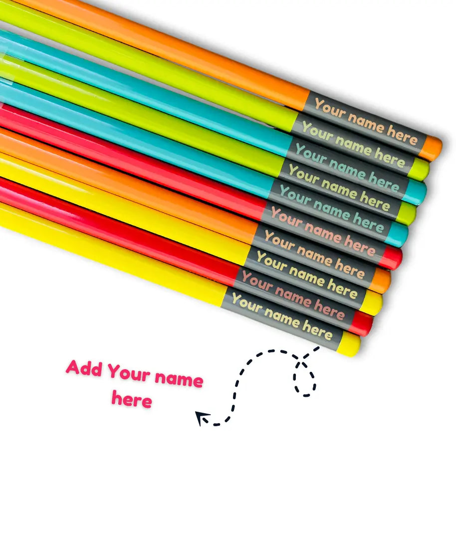Colourful pencils with “your name here” printed on each pencil, showing how to customize pencil with name for kids school stationery