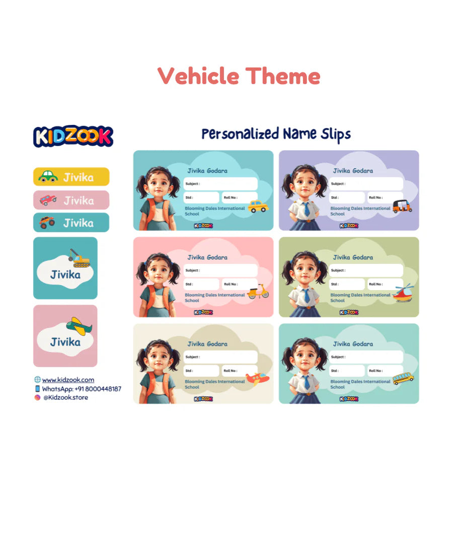 Personalised kids name slips with cartoon photo and vehicle theme – school book labels with child’s name and details