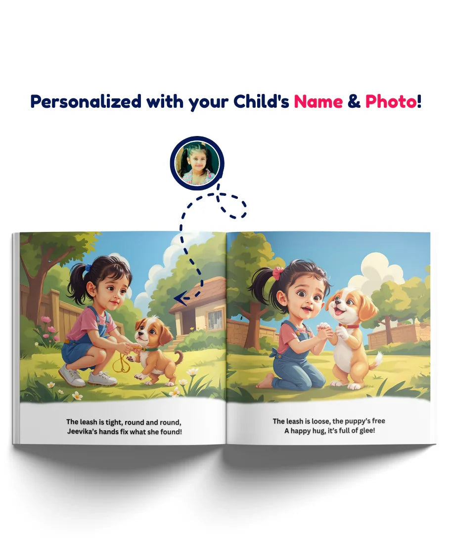 Personalised kids storybook pages from Child’s Magical Toolbox featuring Jeevika’s name and photo, showing a child helping and hugging a puppy.