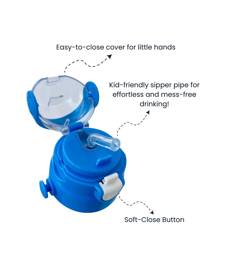 Personalised kids insulated water bottle blue lid with easy-sip straw pipe, soft-close button, and child-friendly cover.