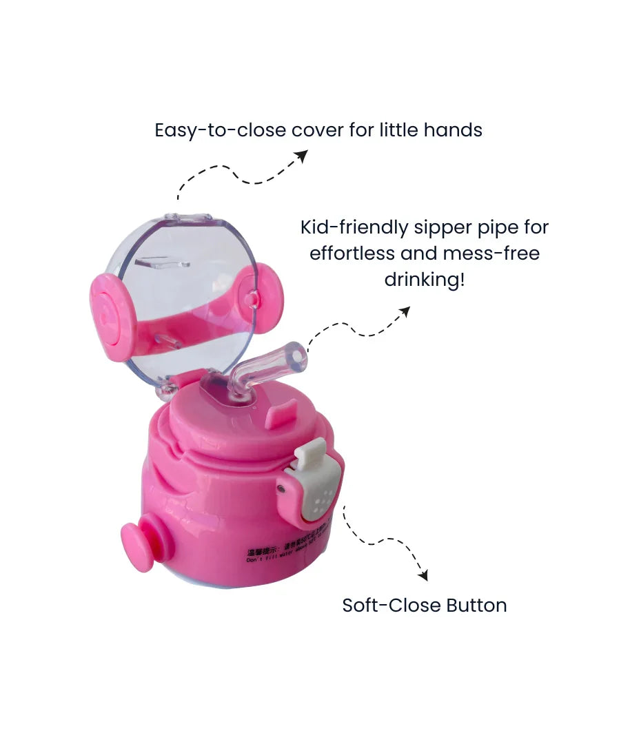 Personalised kids insulated water bottle lid with soft-close button, easy sipper pipe, and child-friendly cover design.