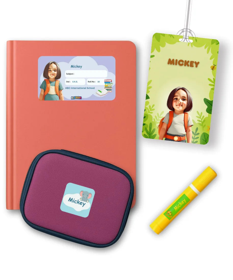 Personalised name slips and bag tag combo for kids with cartoon photo – custom school labels for books, lunch box and stationery