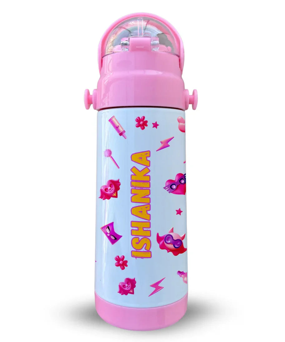 Personalised pink insulated water bottle for kids with name Ishanika printed, superhero theme design