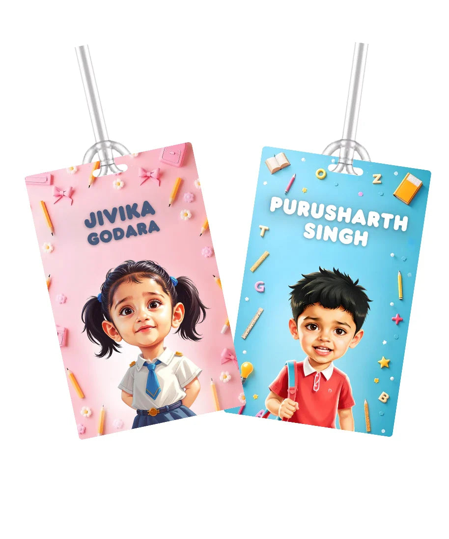 Two cartoon-style personalised school bag tags for kids, one pink with a girl’s photo and one blue with a boy’s photo