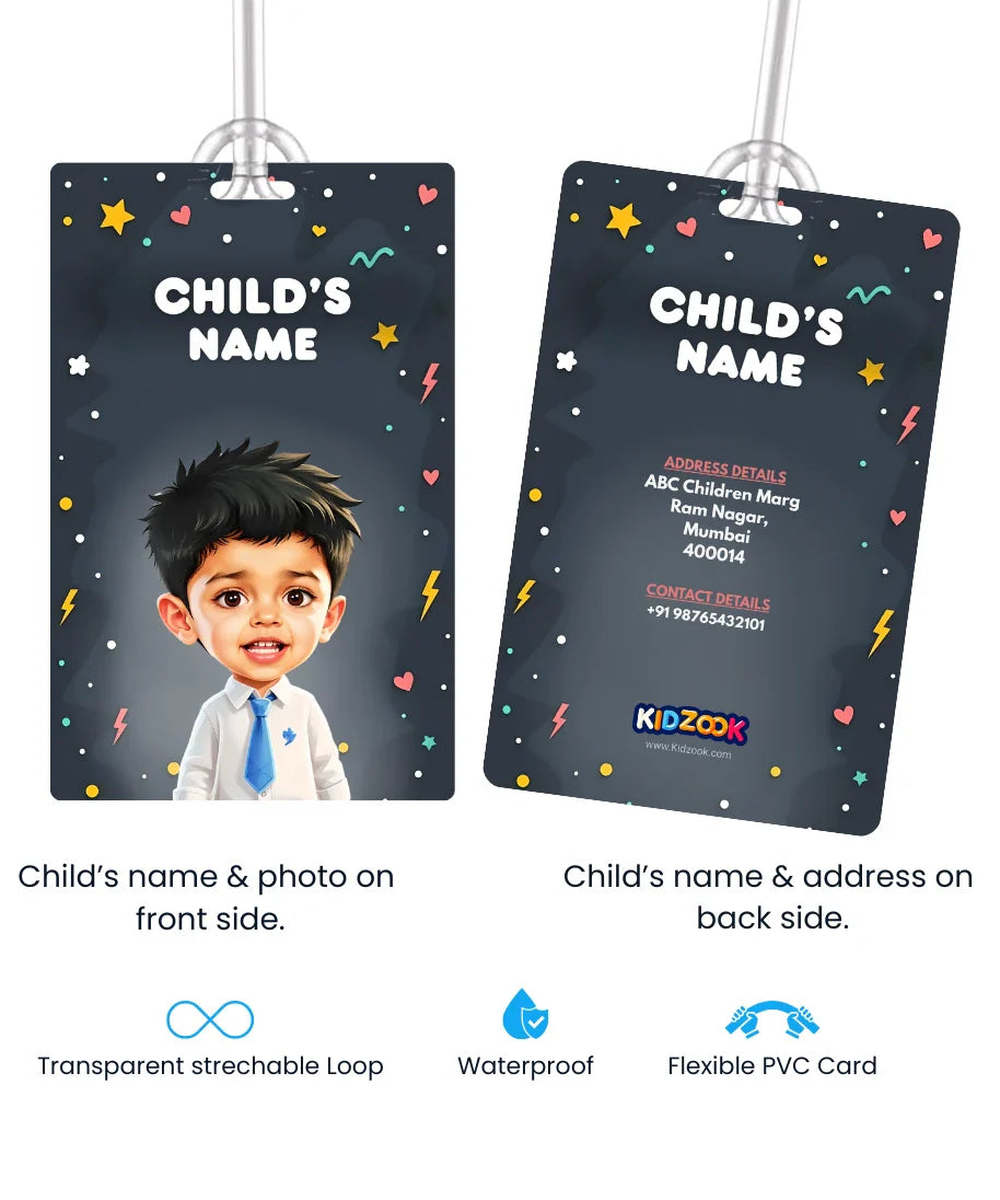 Personalised school bag tags for kids – front side with child’s cartoon photo and name, back side with address and contact details, waterproof PVC with loop.