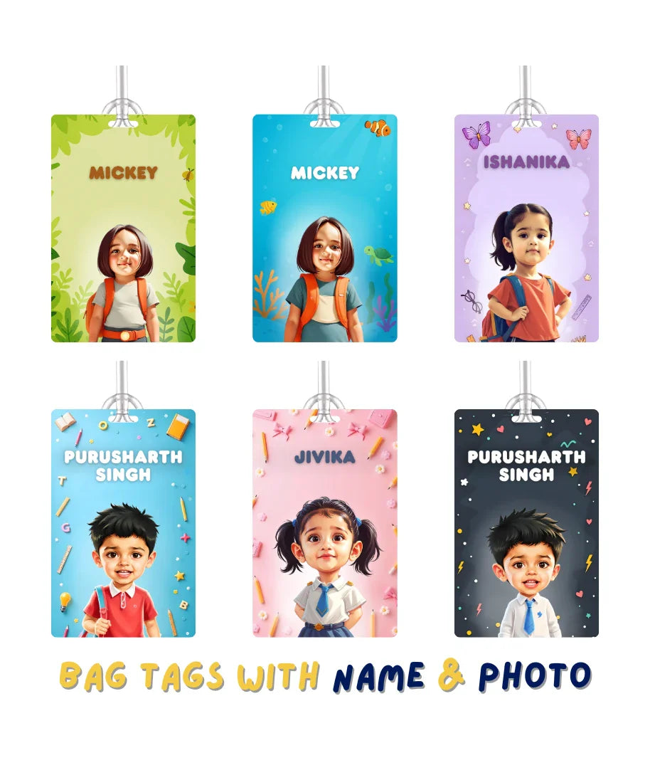 Set of personalised school bag tags for kids with cartoon photo and name designs in multiple styles