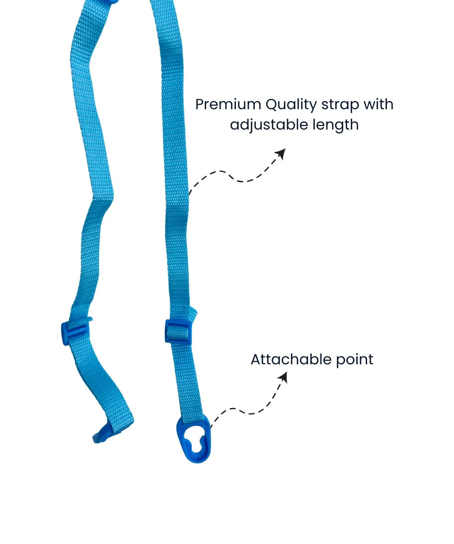 Blue adjustable carry strap for kids personalised water bottle with attachable hook point