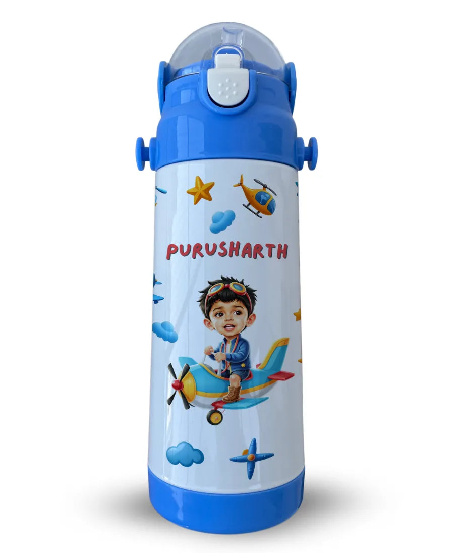 Personalised blue insulated kids water bottle with pilot cartoon theme and custom name Purusharth printed