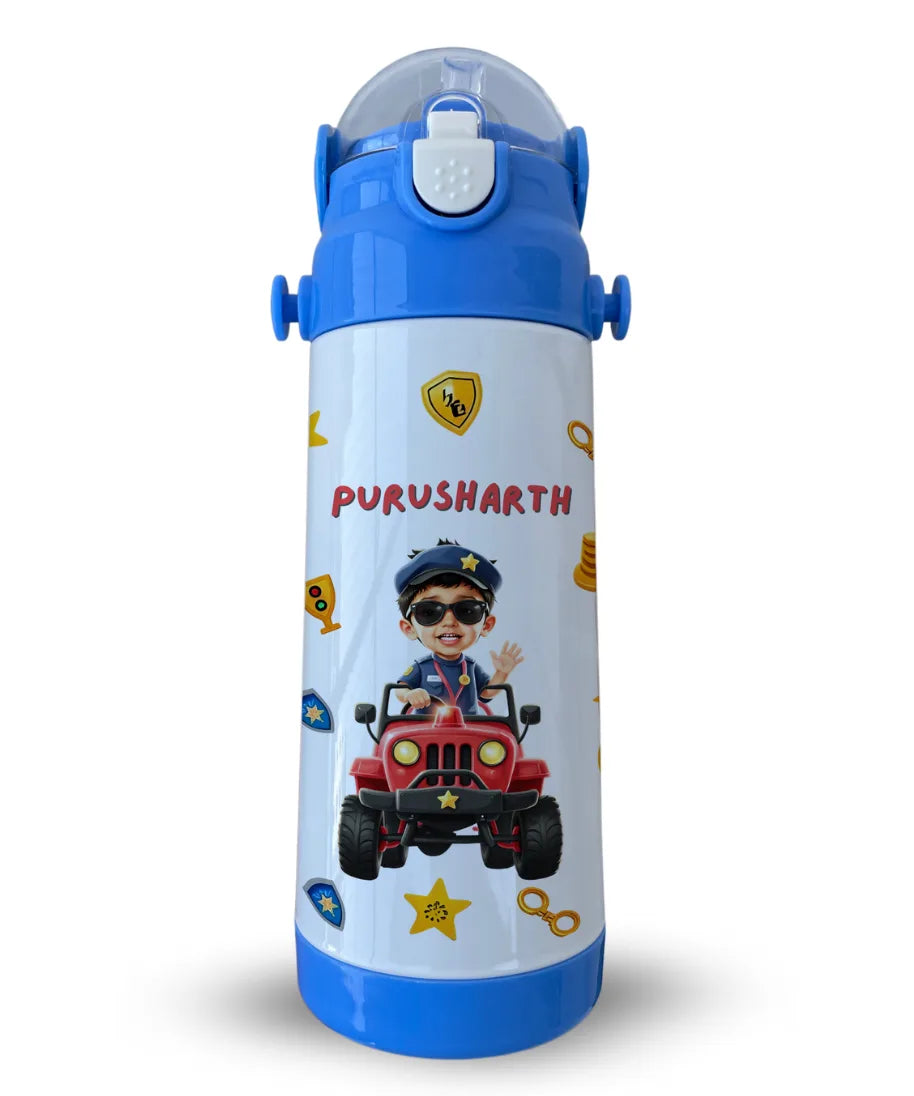 Personalised blue insulated kids water bottle with police cartoon theme and custom name Purusharth printed