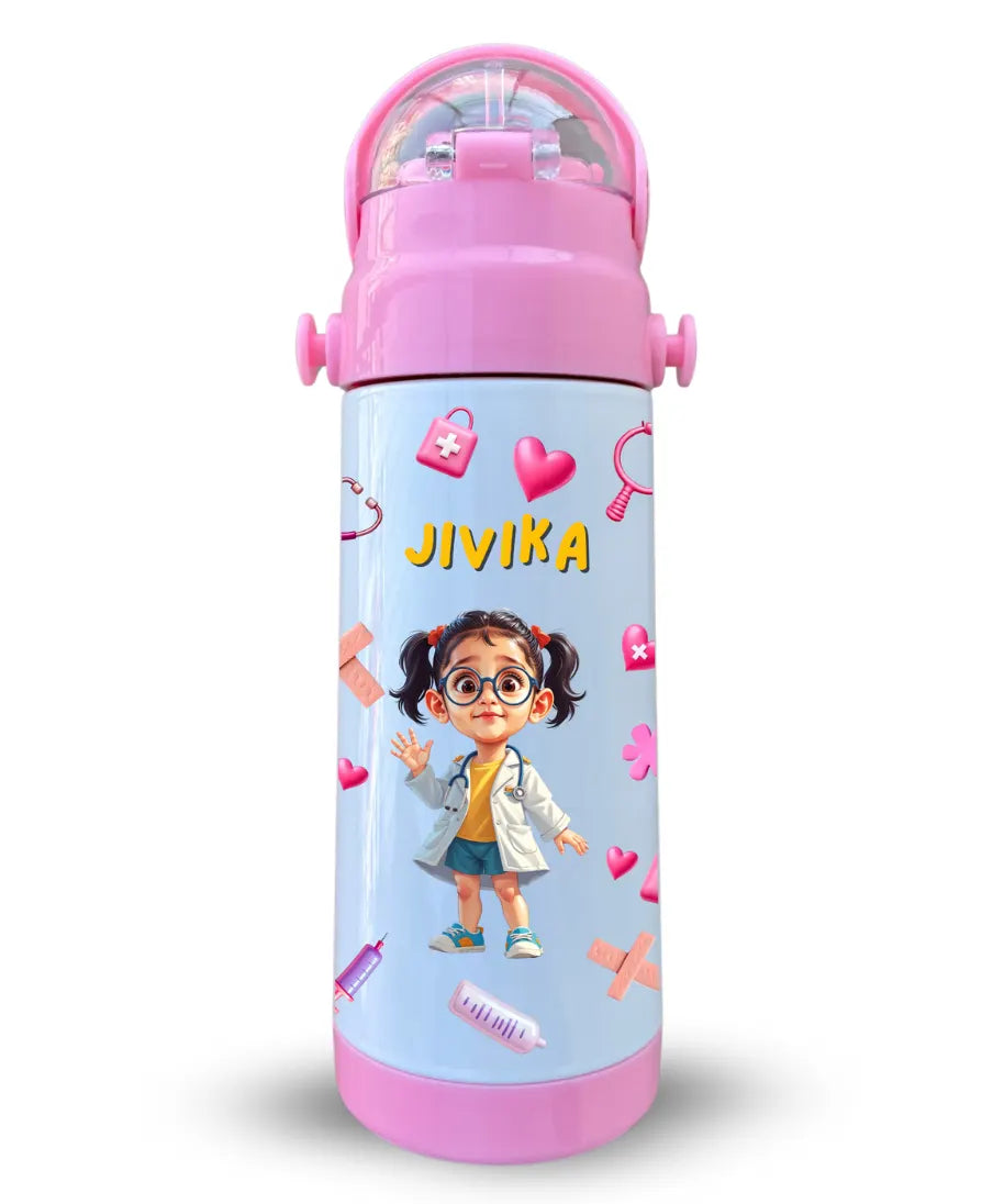 Personalised pink insulated kids water bottle with doctor cartoon theme and custom name Jivika printed