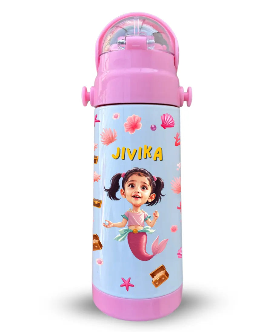Personalised pink insulated kids water bottle with mermaid cartoon theme and custom name Jivika printed