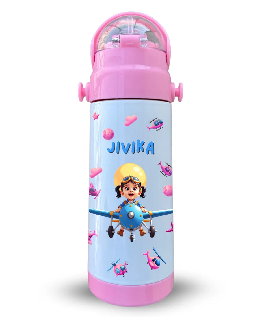 Personalised pink insulated kids water bottle with pilot cartoon theme and custom name Jivika printed