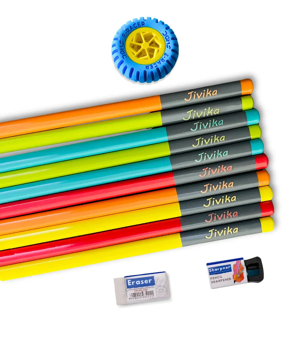 Doms Personalised pencils with name in colourful design with Jivika printed on each pencil, along with eraser wheel, eraser and sharpener on white background