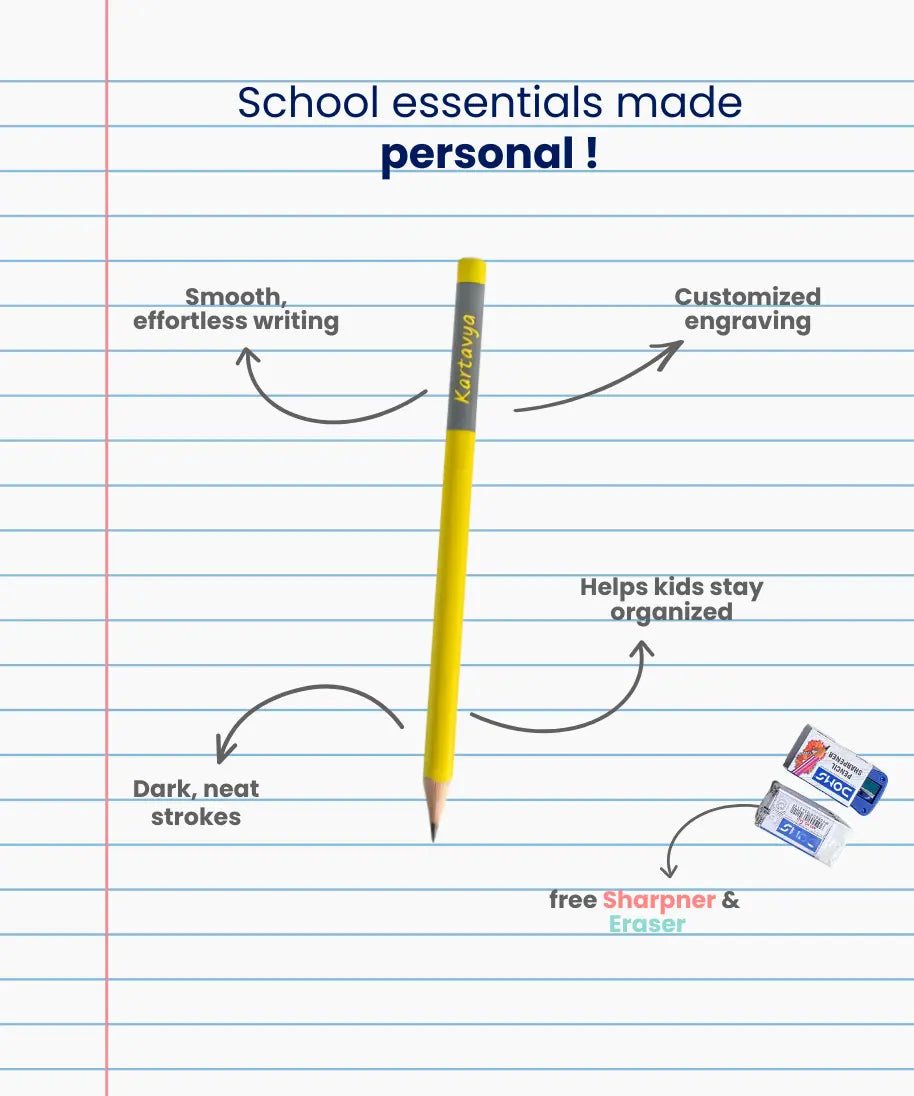 Personalized pencils with name showing custom engraved pencil with smooth writing, neat strokes and kids organization benefits along with sharpener and eraser on notebook background