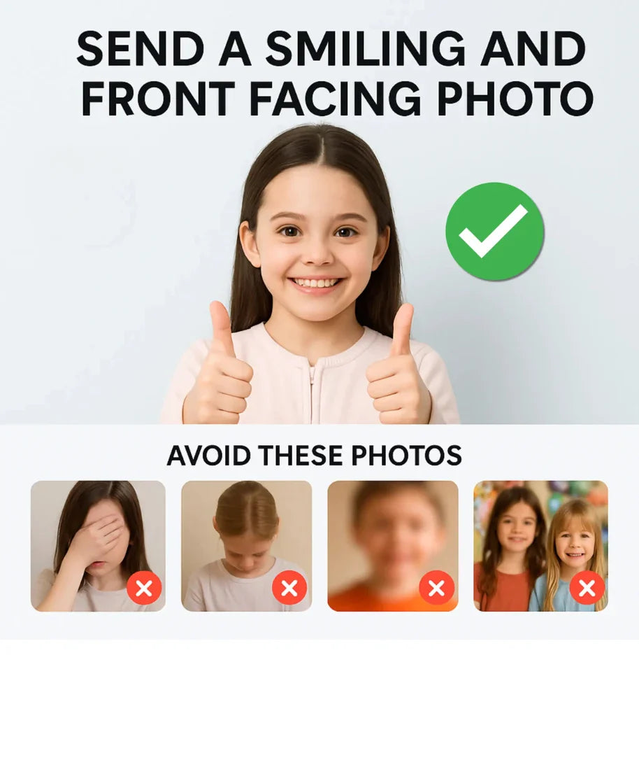 Guide for uploading photos for personalised kids products – shows example of correct smiling front-facing photo and examples of photos to avoid like covered face, looking down, blurred photo, or group photo.