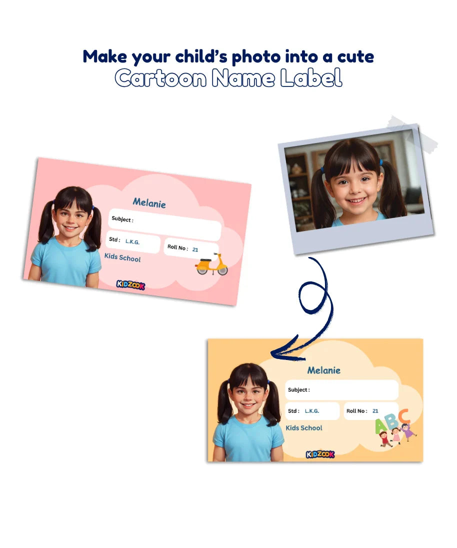 Custom cartoon photo name labels for kids – personalised school book and stationery stickers with child’s name, class and roll number by Kidzook