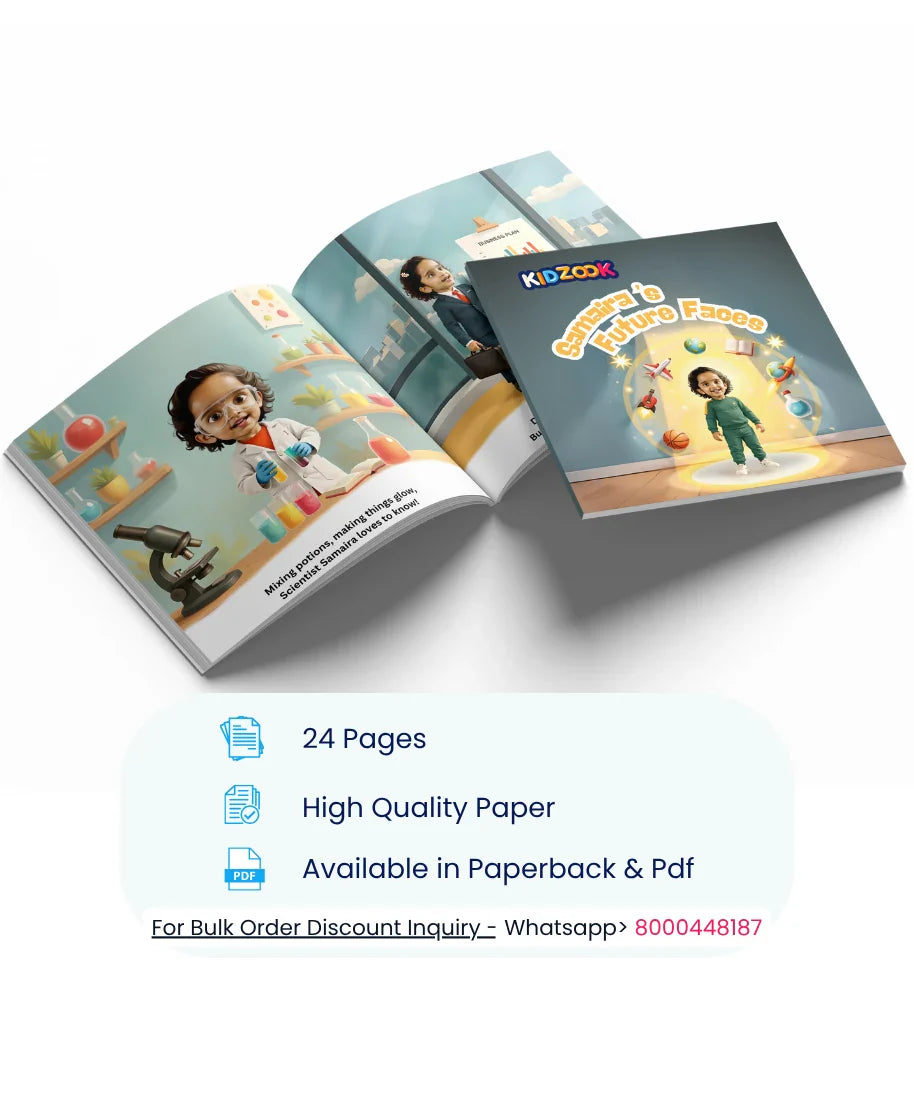 Child’s Future Faces personalised storybook – 24 pages of high-quality paper, available in paperback and PDF, customised with child’s name and photo.