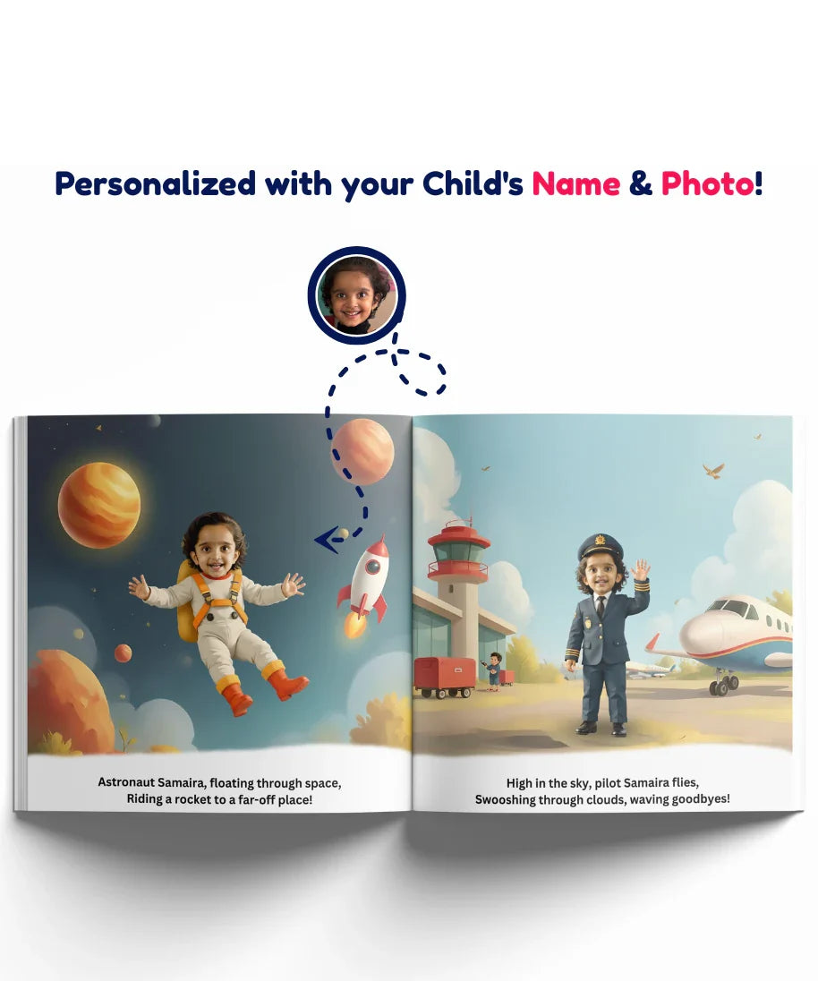 Child’s Future Faces personalised storybook pages – customised with child’s name and photo, featuring astronaut and pilot adventures for kids.