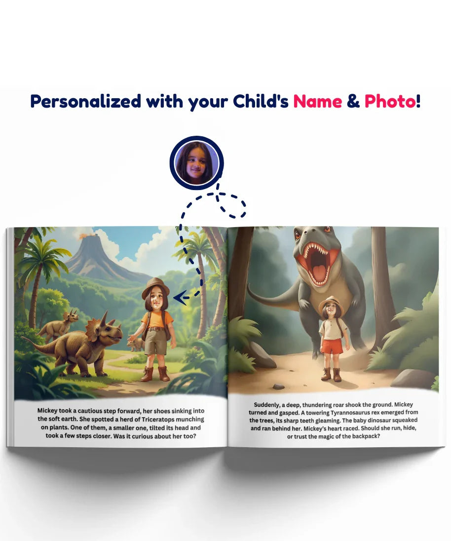 Child’s Time Traveling Backpack personalised storybook pages – customised with child’s name and photo, dinosaur adventure with Triceratops and T-Rex.