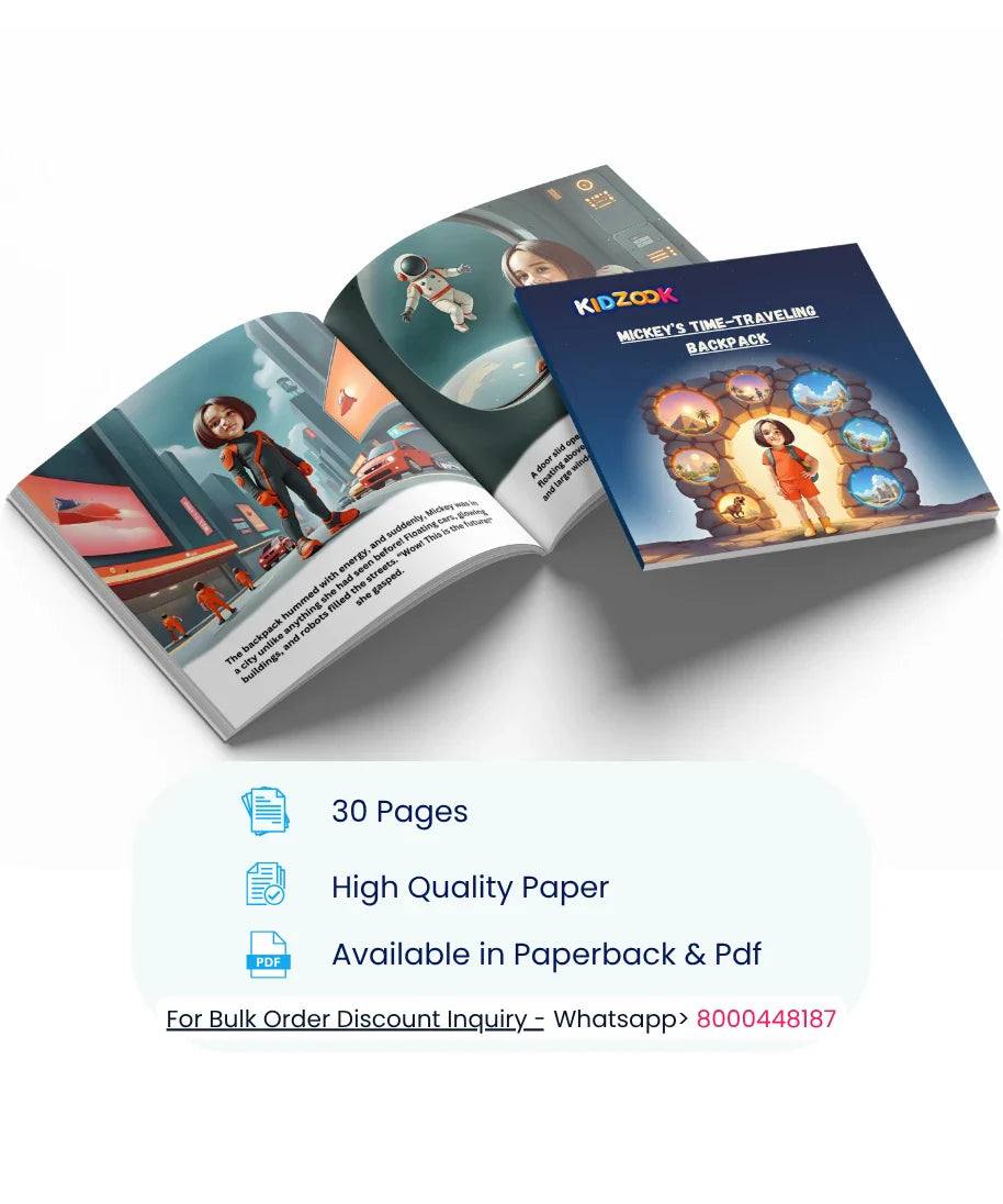 Child’s Time Traveling Backpack personalised kids storybook – 30 pages, high-quality paper, available in paperback and PDF with child’s name and photo.