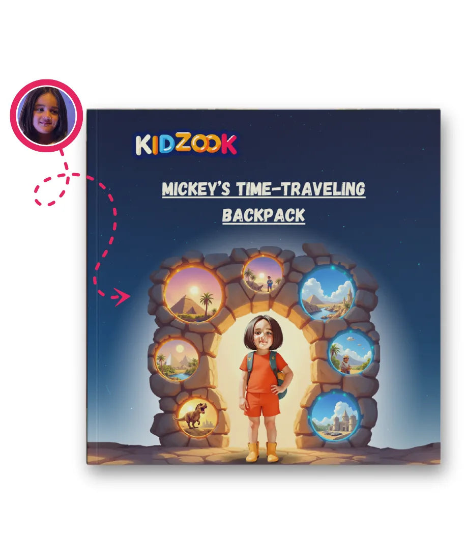 Child’s Time Traveling Backpack personalised storybook cover – customised with child’s name and cartoon photo, time-travel adventure book for kids.