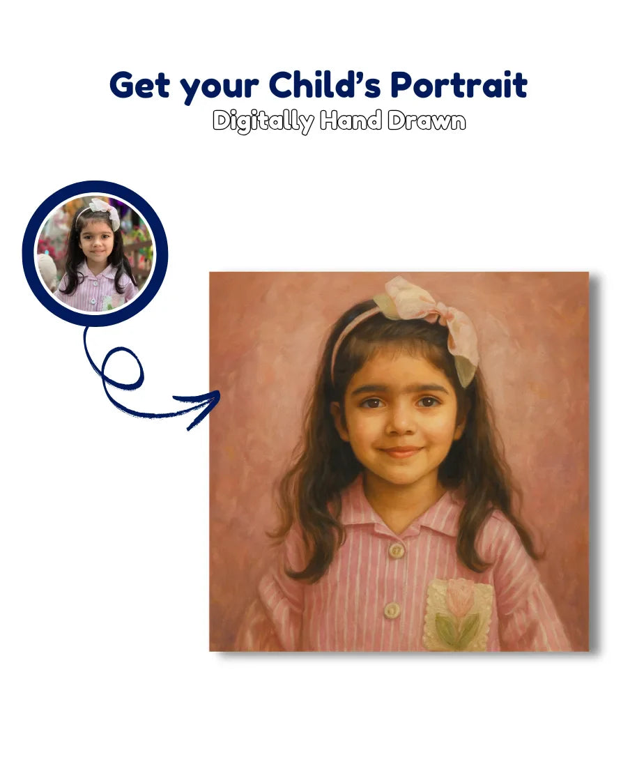 Custom digitally hand-drawn child portrait from photo on canvas – personalised kids gift art