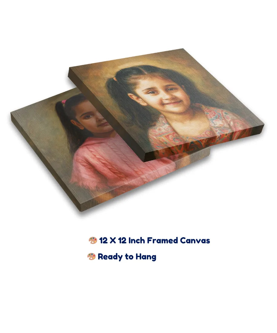 Digitally hand-drawn child portrait printed on 12x12 inch framed canvas, ready to hang