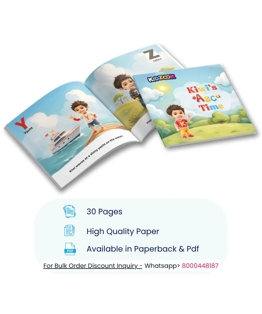 Personalised ABC book for kids with 30 pages, name and photo customization, available in paperback and PDF