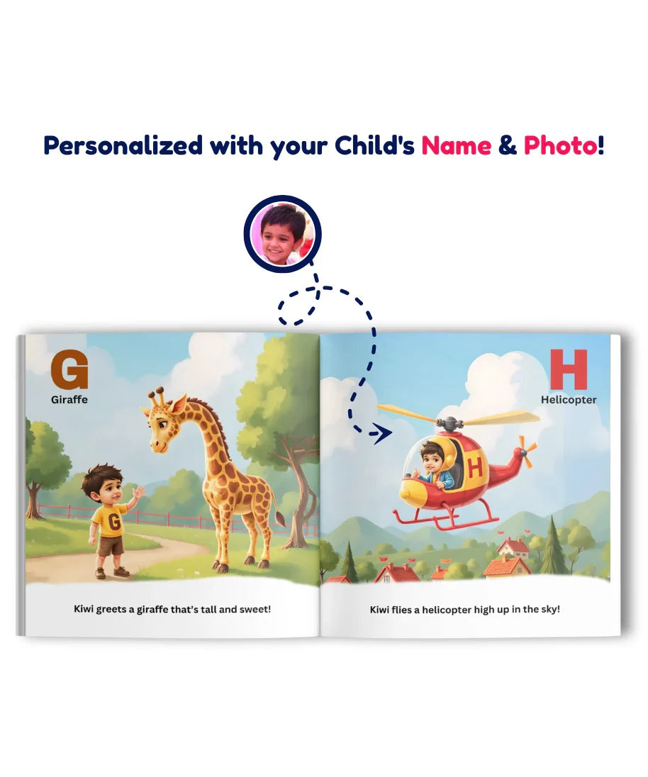 Personalised ABC storybook for kids featuring child’s name and cartoon photo – G for Giraffe and H for Helicopter pages