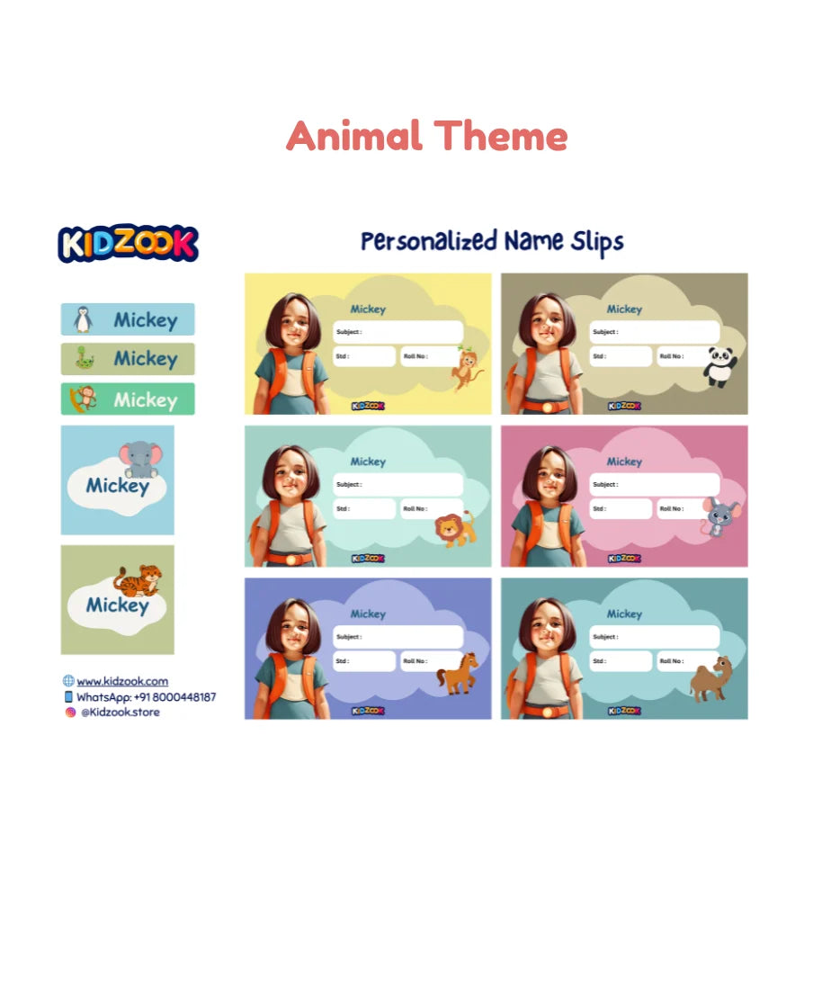 Personalised animal theme name slips for kids – custom school book labels with cartoon photo, name and cute animal designs