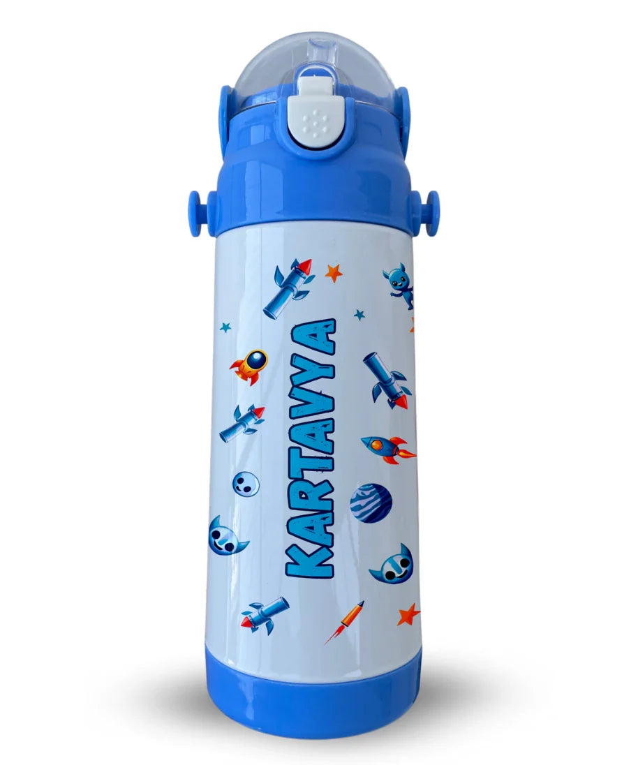 Personalised blue insulated water bottle for kids with name Kartavya, astronaut space theme with rockets, planets, and stars
