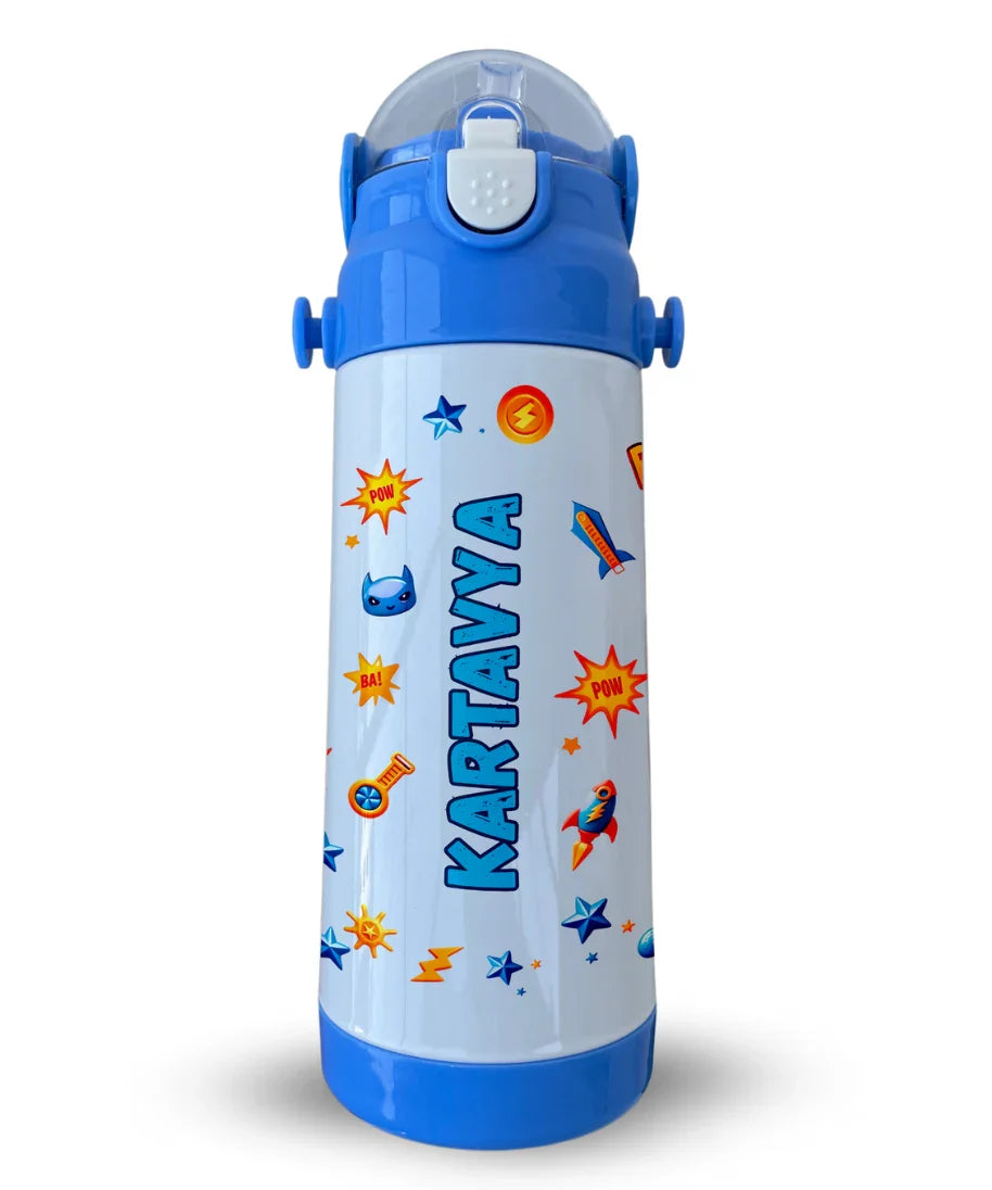 Personalised blue insulated water bottle for kids with name Kartavya, superhero theme design with stars and comic icons