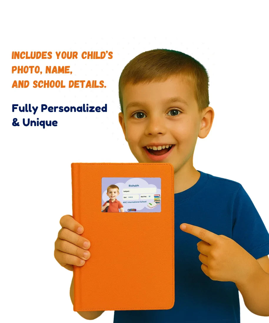 Child holding notebook with personalised book label – custom name, photo, and school details sticker for kids