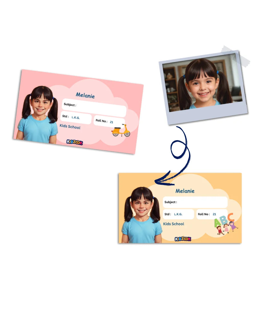 Personalised school book labels for kids with name, class, roll number, and photo – waterproof and colourful stickers by Kidzook
