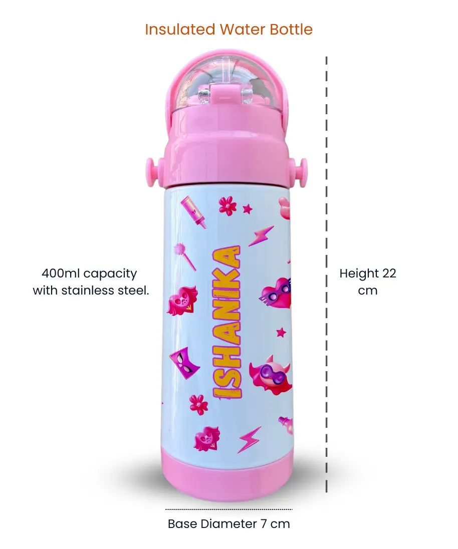 Personalised insulated water bottle for kids with name Ishanika, 400ml stainless steel, 22cm height, 7cm base diameter, pink design.