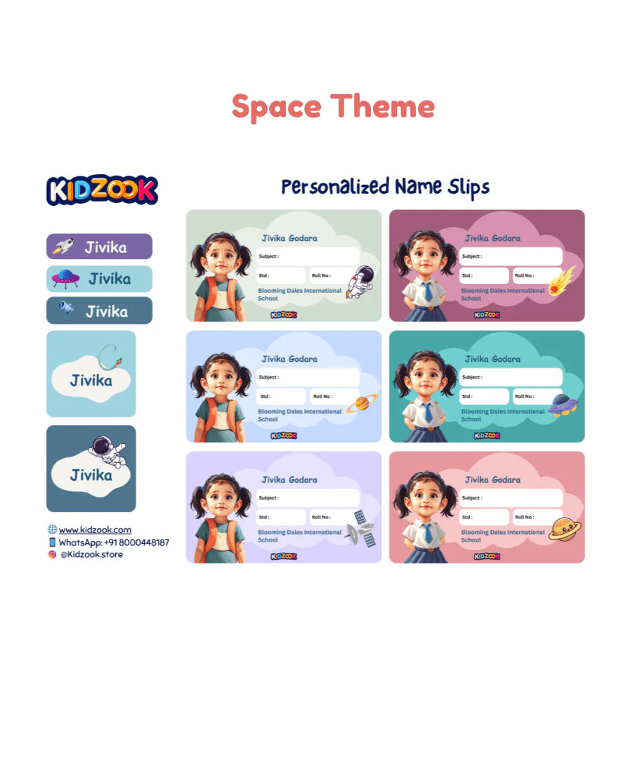 Personalised kids name slips with cartoon photo and space theme – custom school book labels with child’s name and details