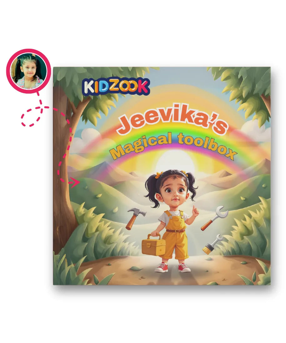 Personalised kids storybook cover – Child’s Magical Toolbox featuring Jeevika’s name and cartoon-style photo, a magical adventure gift for ages 3–7