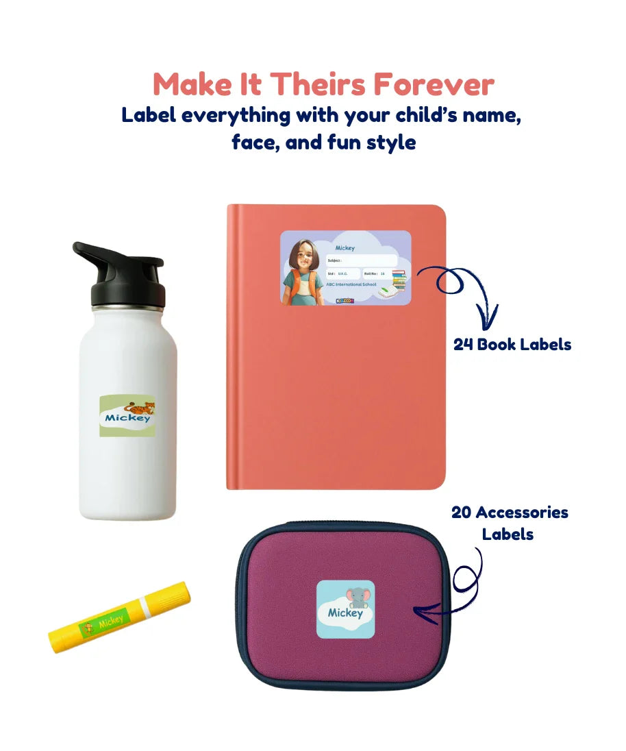 Personalised name slips for kids – 24 book labels and 20 accessories labels with child’s name and cartoon photo, waterproof school stickers