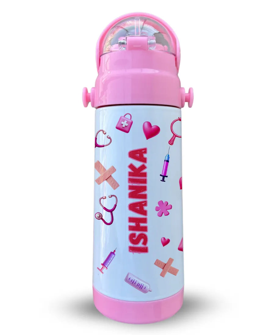 Personalised pink insulated kids water bottle with name Ishanika, doctor theme design with medical icons