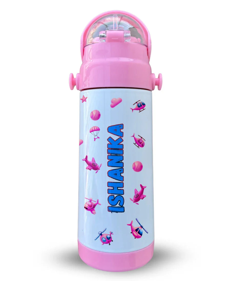 Personalised pink insulated kids water bottle with name Ishanika, pilot aviation theme design