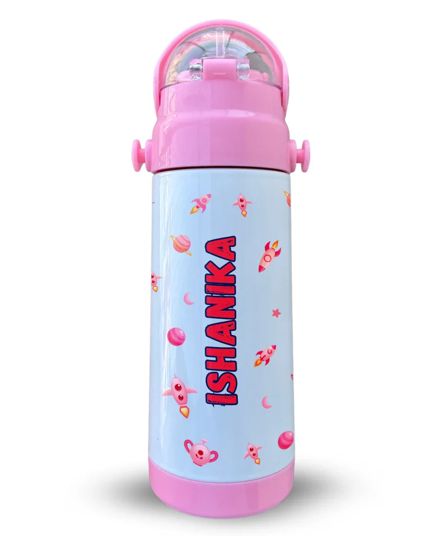 Personalised pink insulated kids water bottle with name Ishanika, astronaut space theme design