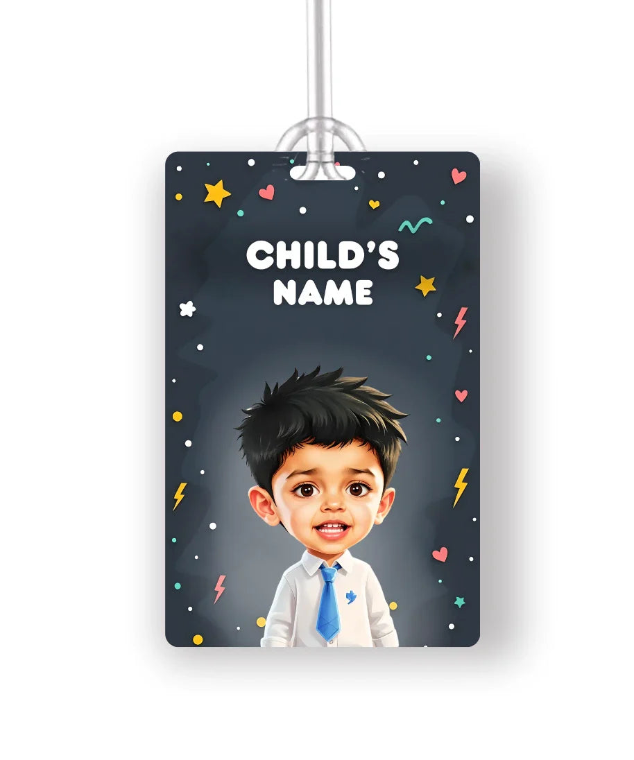 Personalised school bag tag with cartoon photo of a boy in white shirt and blue tie on black star background