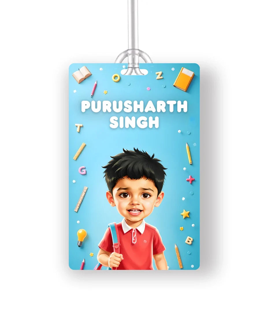 Personalised school bag tag with cartoon photo of a boy in red shirt and name Purusharth Singh on blue background