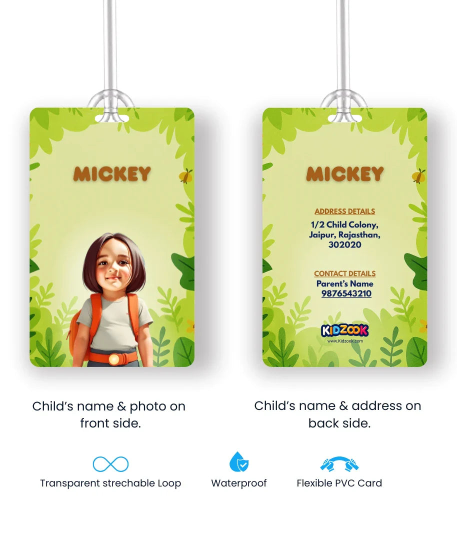 Personalised school bag tag for kids with cartoon photo, child’s name Mickey and green jungle theme background