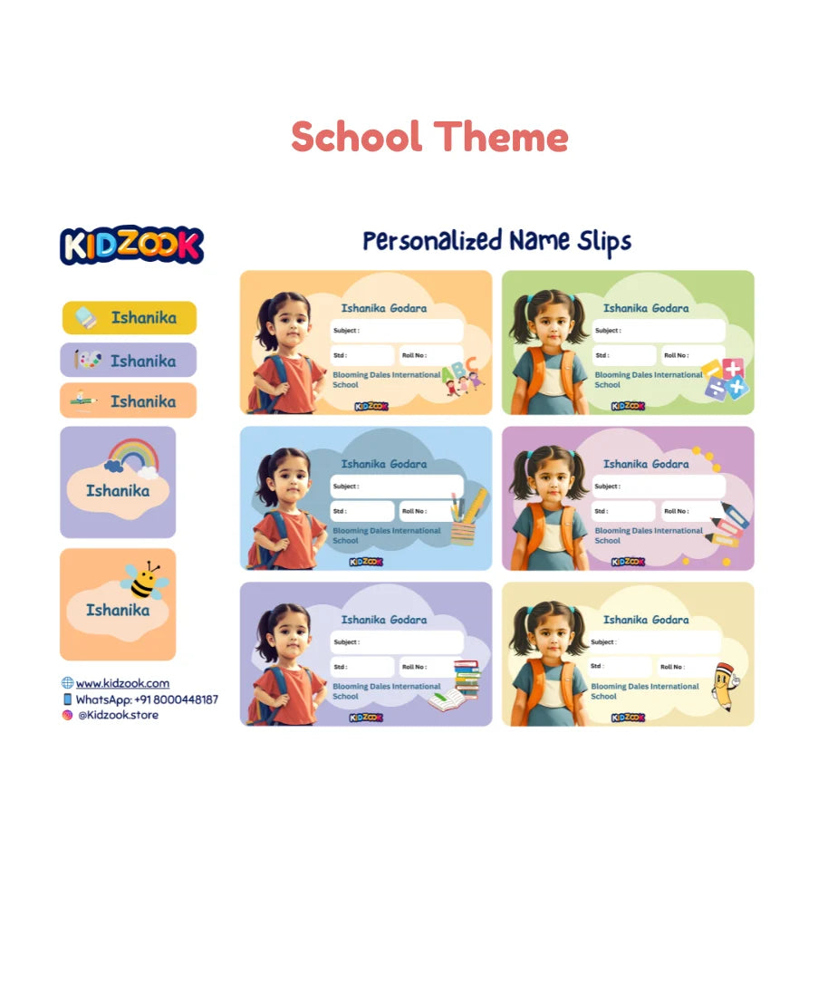 Personalised school theme name labels for kids with cartoon photo, name, and school details – waterproof stickers for books and stationery